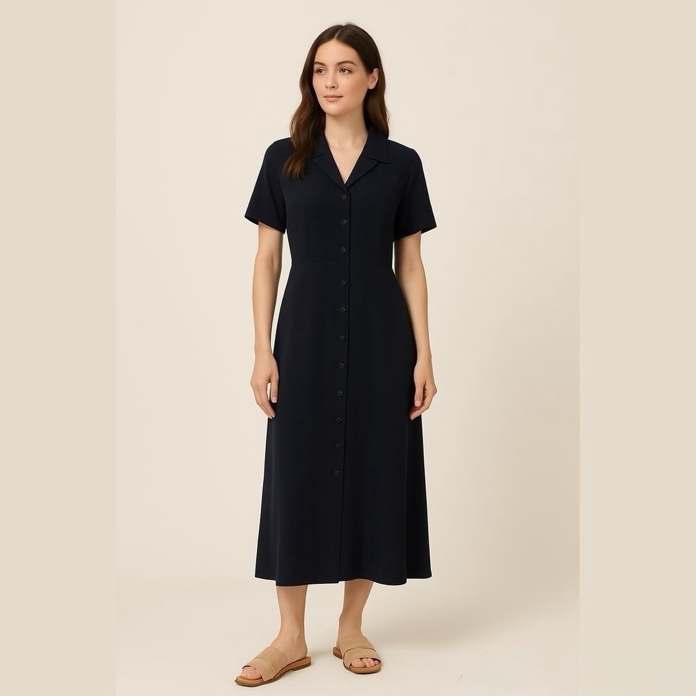 Eddie Bauer Black Short-Sleeve Button-Front Maxi Dress